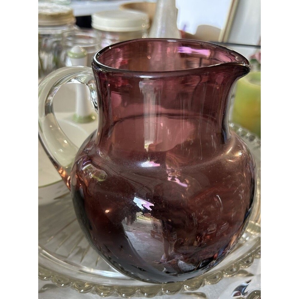 Vintage MCM Hand Blown Purple Amethyst 6.75" Pitcher w/Applied Handle